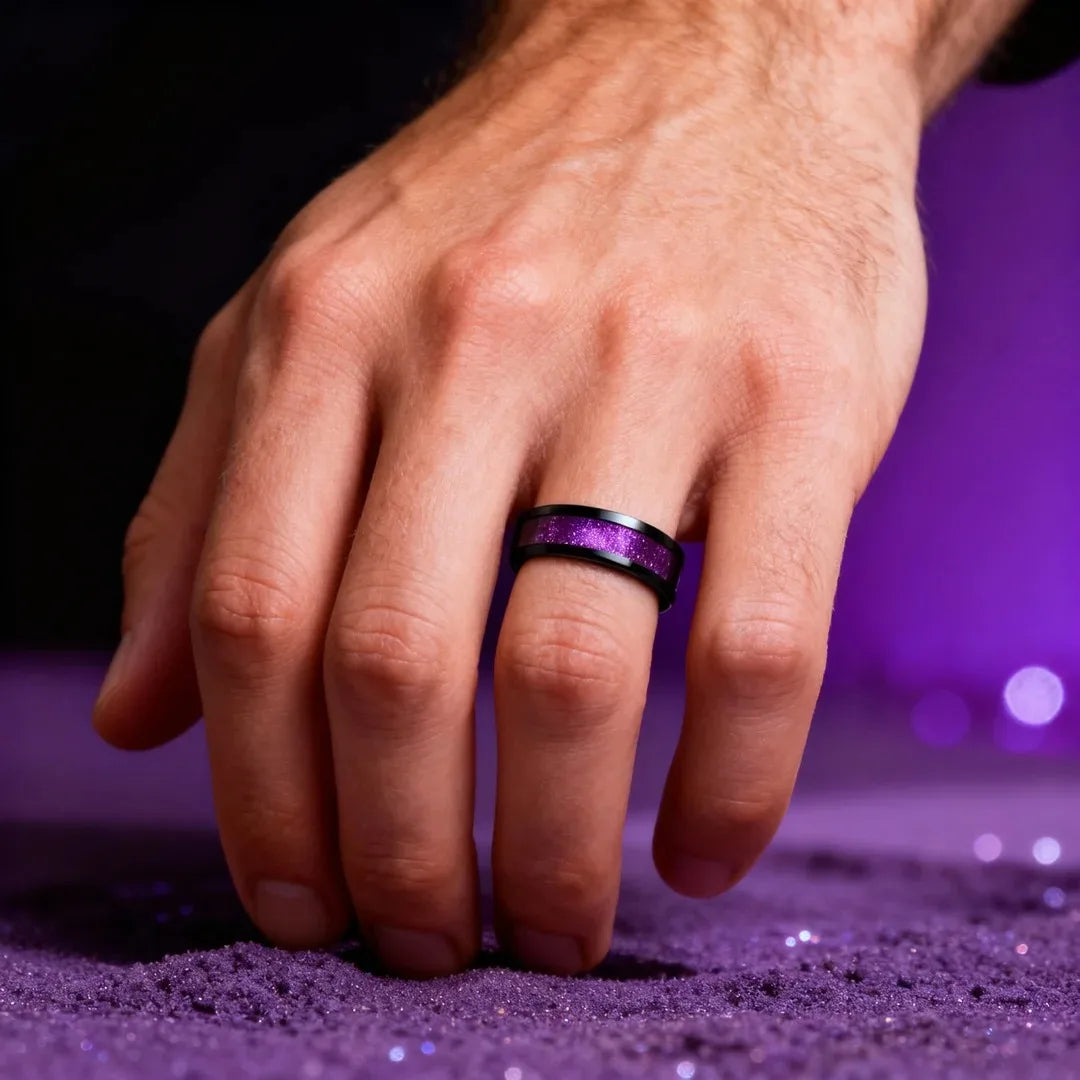 Fashion 8mm Stainless Steel Rings for Men Women, High Polished Purple Abalone Shell Inlay Ring, Men Wedding Party Jewelry