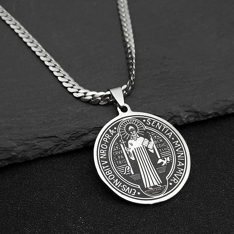 San Benito Exorcist Pendant Necklace for Women Men Stainless Steel Christian Saint Benedict Religious Amulet Chain Jewelry