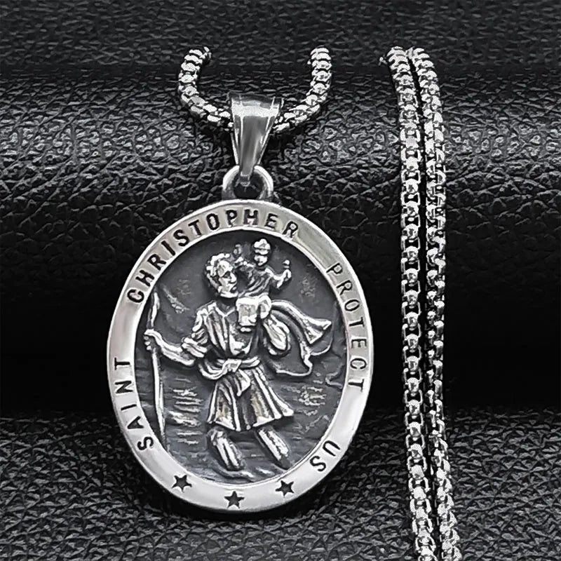 Saint Christopher Protect Us Cross Medal Necklace Stainless Steel Archangel Saints Protection Amulet Necklaces Jewelry NZZ303S05