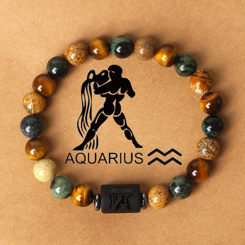 12 Zodiac Signs Constellation Charm Bracelet Men Women Fashion Tiger Eye Stone Beaded Bracelets Virgo Leo Libra Couple Jewelry