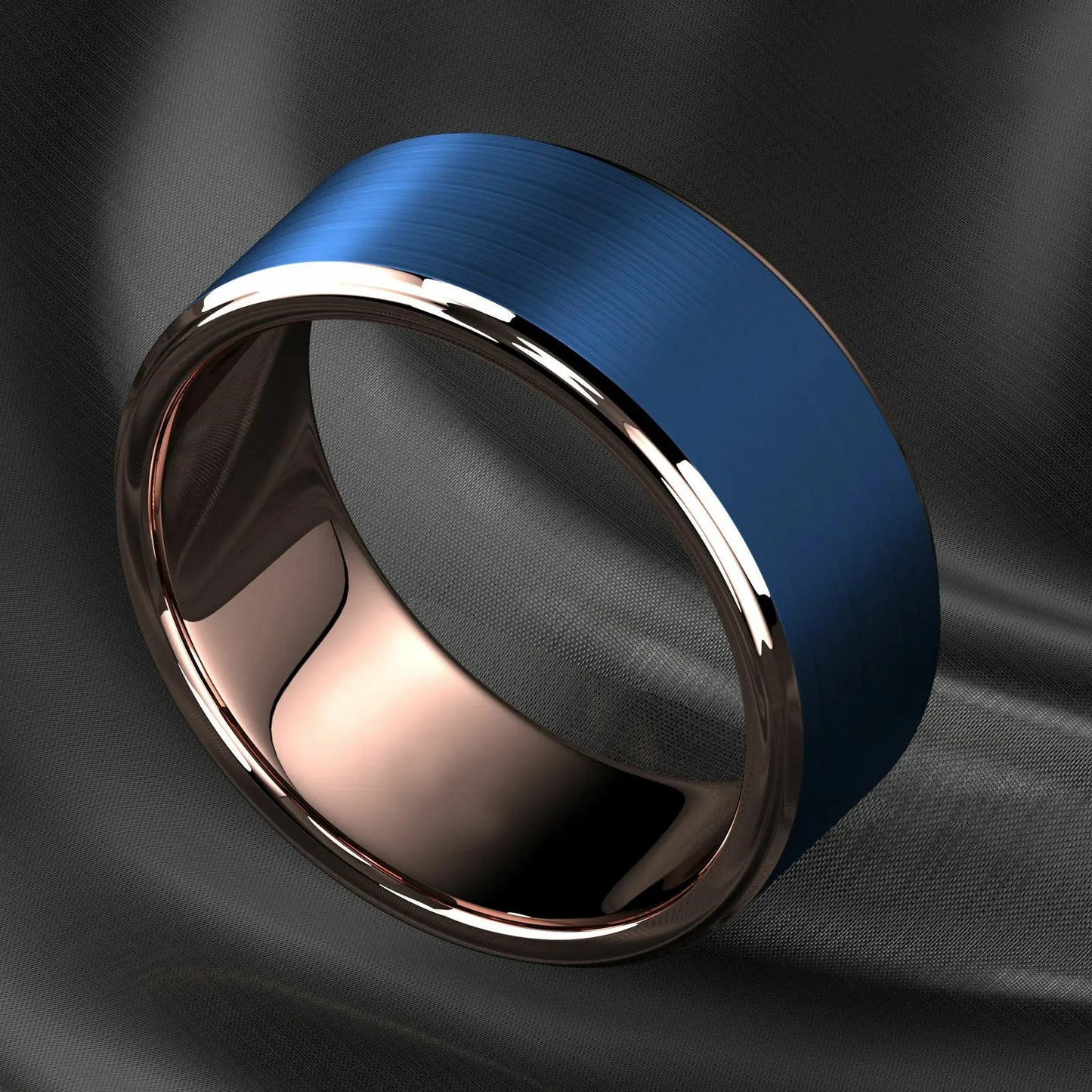 Fashion 8mm Blue Brushed Titanium Stainless Steel Rings for Men Rose Gold Color Step Edge Men Rings Wedding Engagement Jewelry