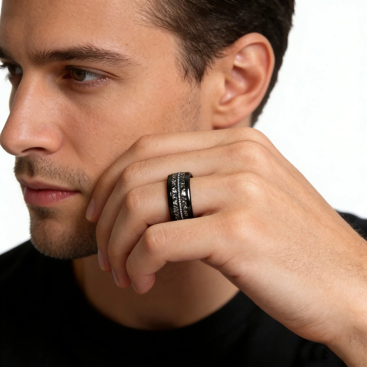 Fashion 8mm Black Stainless Steel Guitar String Rings for Men With Meteorite Inlay Guitarist Ring Men Wedding Band Jewelry