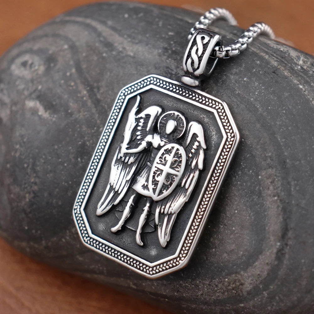 Classic Design Angel Knight Shield Pendant Stainless Steel Vintage Men Ancient Greek God of War Necklace Amulet Creative Jewelry