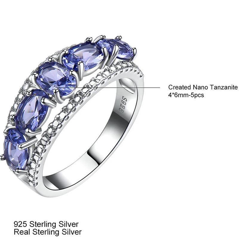 TFGLBU Sparking Blue Oval Nano Tanzanite Solid 925 Silver Ring for Women Original Party Stackable Band Christmas Gift Jewelry