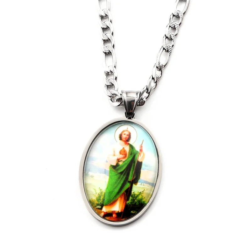 San Judas Tadeo Medal Pendant Necklace for Women Men Stainless Steel Gold Color Saints Apostle of Jesus Amulet Faith Jewelry