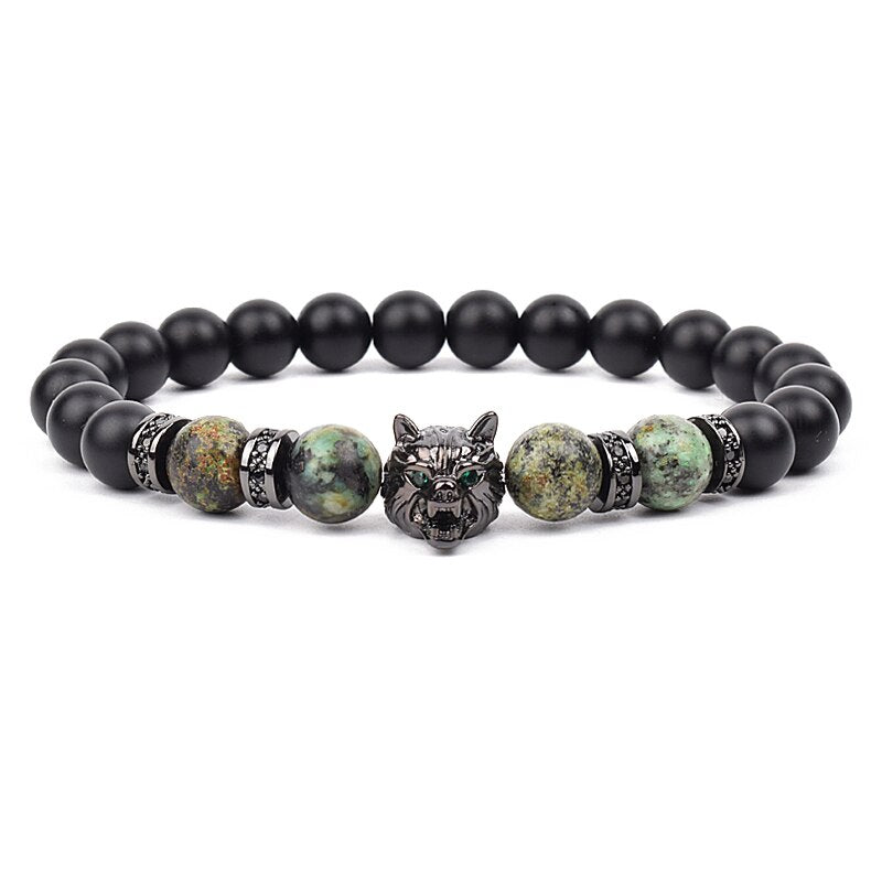 Wolf Charm Bracelets Men Natural Black Agates Onyx Stone Bracelet Brave Blue Tiger Eye Elastic 8 mm Beads Jewelry Beaded Pulsera African turquoise