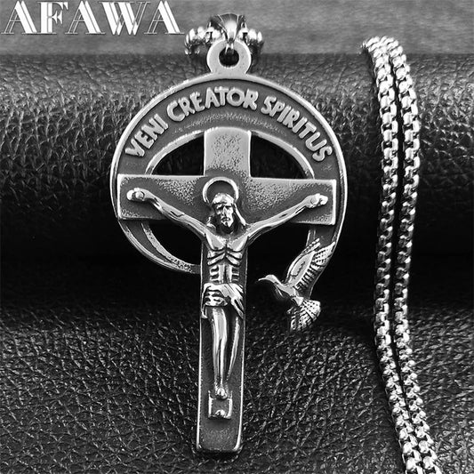 Collar con colgante de cruz de crucifijo VENI CREATOR SPIRITUS vintage de acero inoxidable estilo grunge para hombre, collar de cadena, joyería