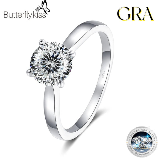 Butterflykiss Real 925 Sterling Silver 2CT Moissanite Ring For Women Round Brilliant Diamond Solitaire Wedding Engagement Rings