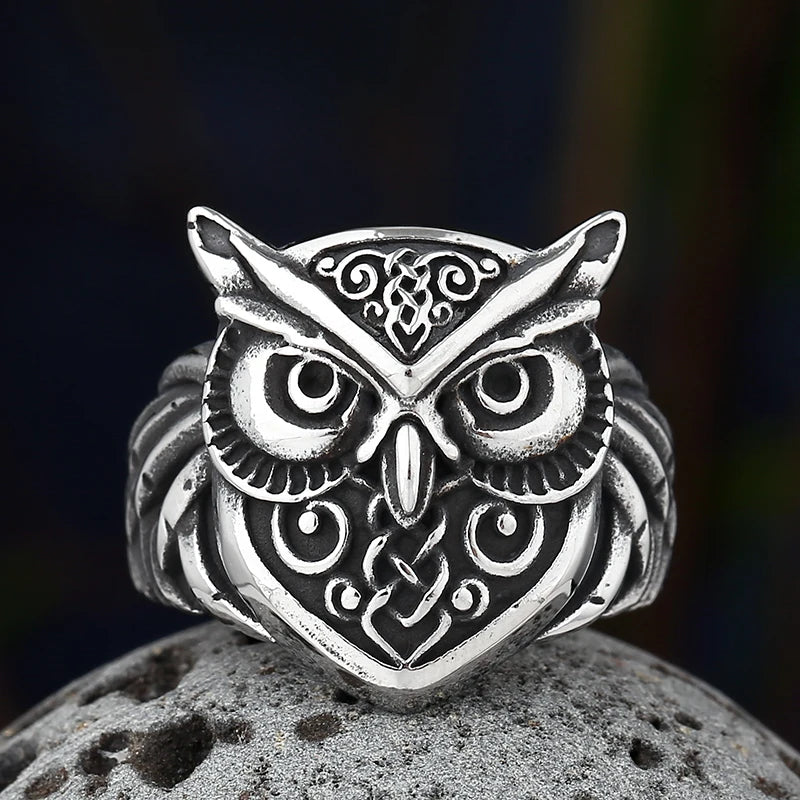 316L Stainless Steel Odin Norse Anel Amulet Owl Head Viking Animal Rings For Men Women Retro Jewelry Party Gift Only Ring