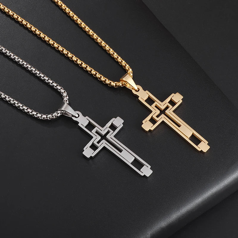 Fashion Creative Cutout Double Cross Stainless Steel Pendant Necklace for Men Classic Women Church Prayer Jewelry