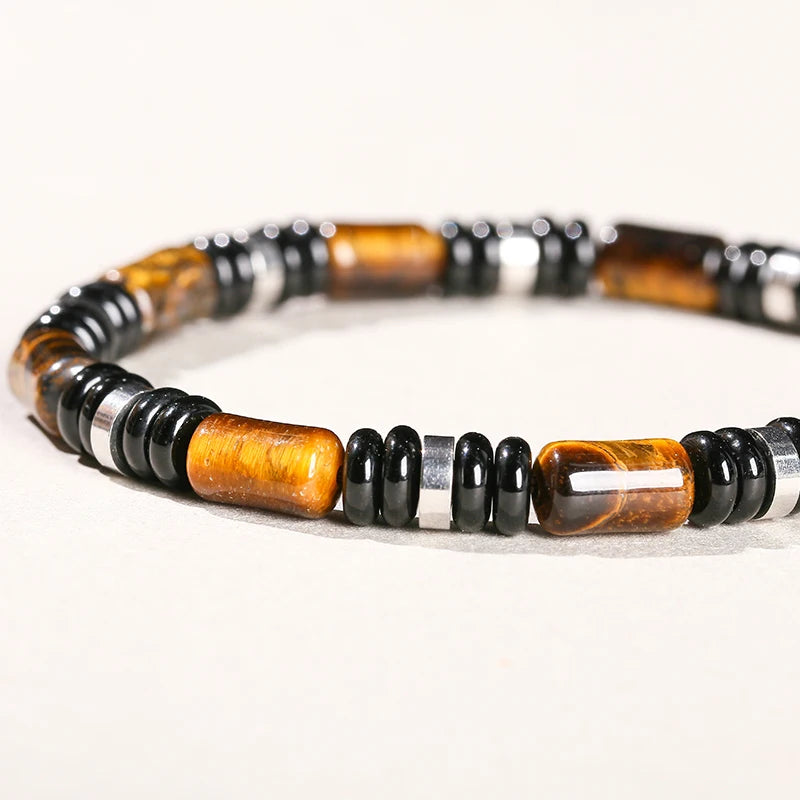 JD Natural Yellow Tiger Eye Stone Tube Shape Bracelets for Women Men Classic Stainless Steel Elastic Bangles Yoga Energy Gifts