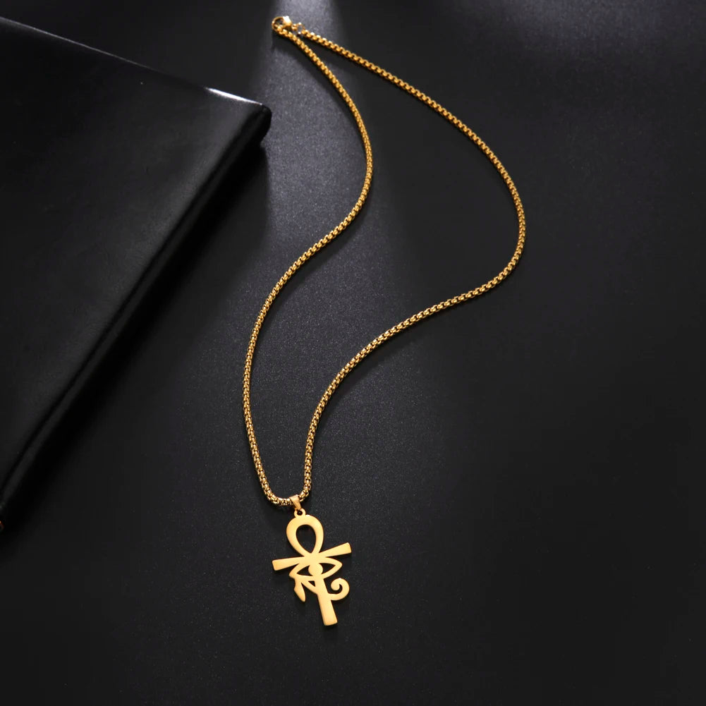 Amaxer Viking Eye of Horus Egypt Ankh Cross Necklace For Men Women Religious Pendant Amulet Vintage Gold Color Jewelry