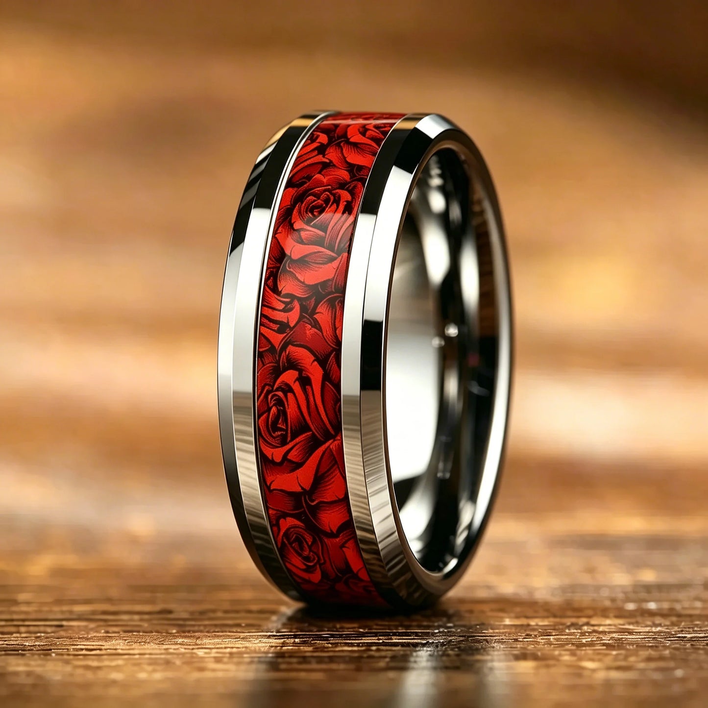 Romantic Red Pink Rose Rings, 8mm Stainless Steel Couple Rings For Men Women, Wedding Band Jewelry Valentine's Day Gift