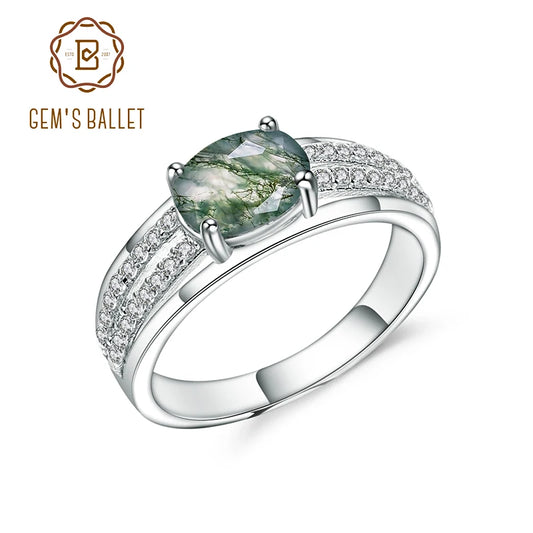 GEM'S BALLET Dainty 1.3Ct 6x8mm Natural Moss Agate Gemstone Ring in 925 Sterling Silver Wedding Engagement Ring Gift For Her