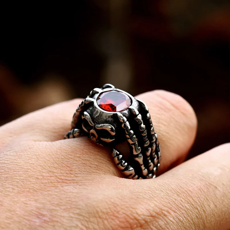 BEIER 2023 Updated 316L Stainless Steel  Skull Hand Bones Ring Paw Ring With Red Stone Punk Biker Jewelry Wholesale Gift