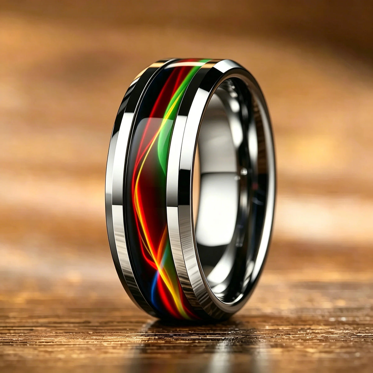 With Koa Wood Inlay Rings for Men Fashion 8mm Hammered Silver Color Men Stainless Steel Rings Wedding Band Jewelry Wholesale