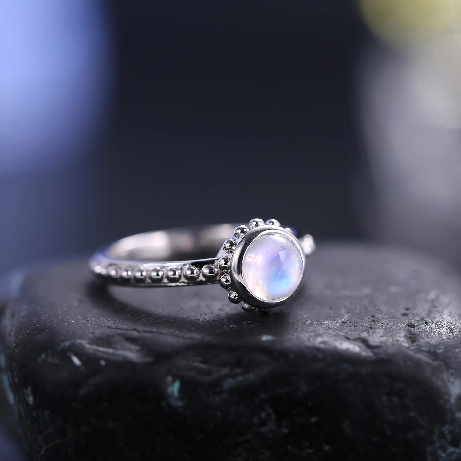 GEM'S BALLET Textured Milky Blue Moonstone Ring in 925 Sterling Silver, Stylish Gemstone Ring, Moonstone Jewellery, Gift for Her