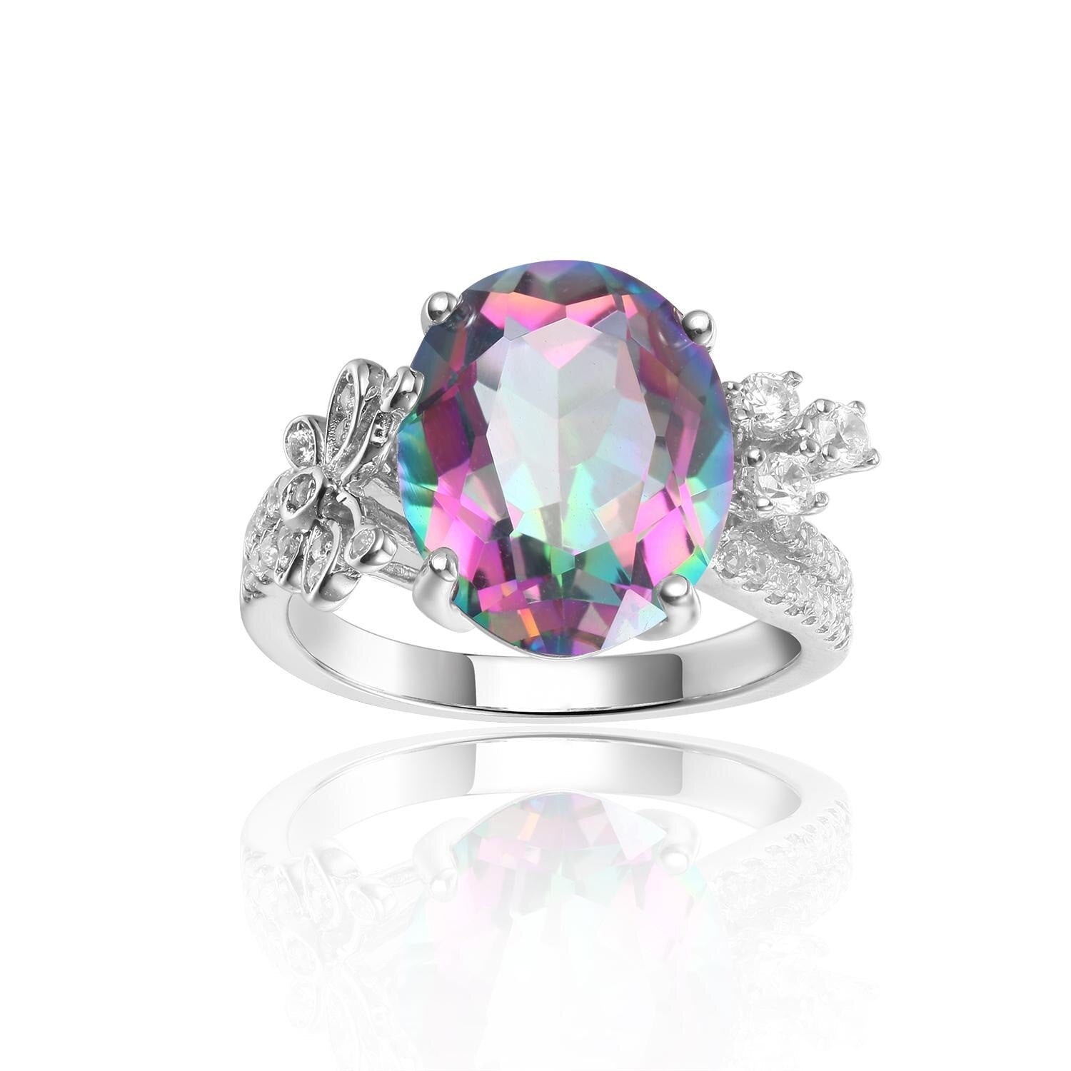GEM&#39;S BALLET 4.36Ct 10x12mm Rainbow Mystic Topaz Gemstone Antique Art Rings in Sterling Silver with Laurel Leaves Gift For Her Rainbow|925 Sterling Silver