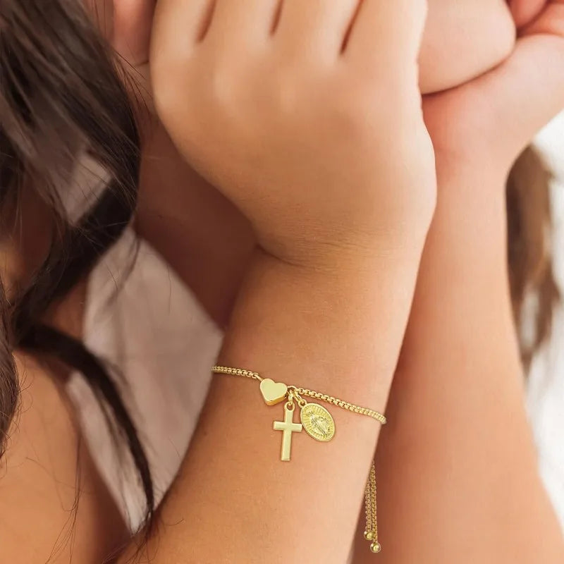 18k Gold Catholic Virgin Mary Cross Heart Bracelet Gift for Women Confirmation First Communion Religious Christian Faith Jewelry