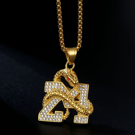 Fine Hiphop Jewelry Stainless Steel Crystal Black Manba Gold Pendant Number 24 Necklace