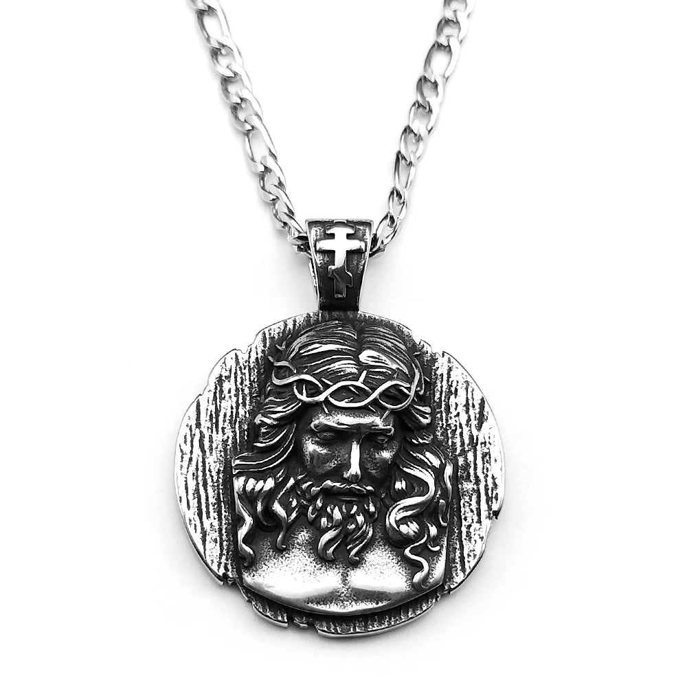 Retor Punk Jesus Head Pendant Necklace For Women Men Stainless Steel Black Vintage Catholic Male Lucky Amulet Chain Jewelry Gift