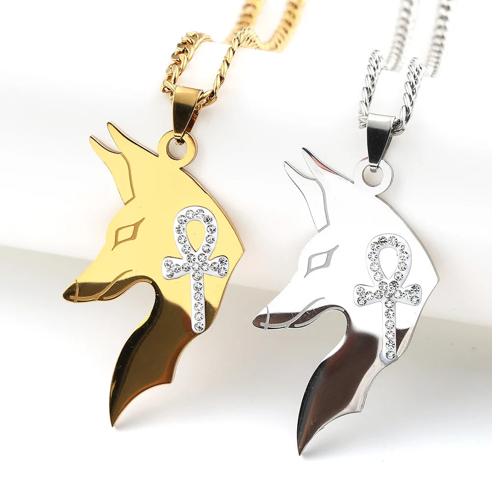 Anubis Egyptian Rhinestones Ankh Cross Symbol Stainless Steel Pendant Necklace for Women Men Gold Color Chain Necklaces Jewelry