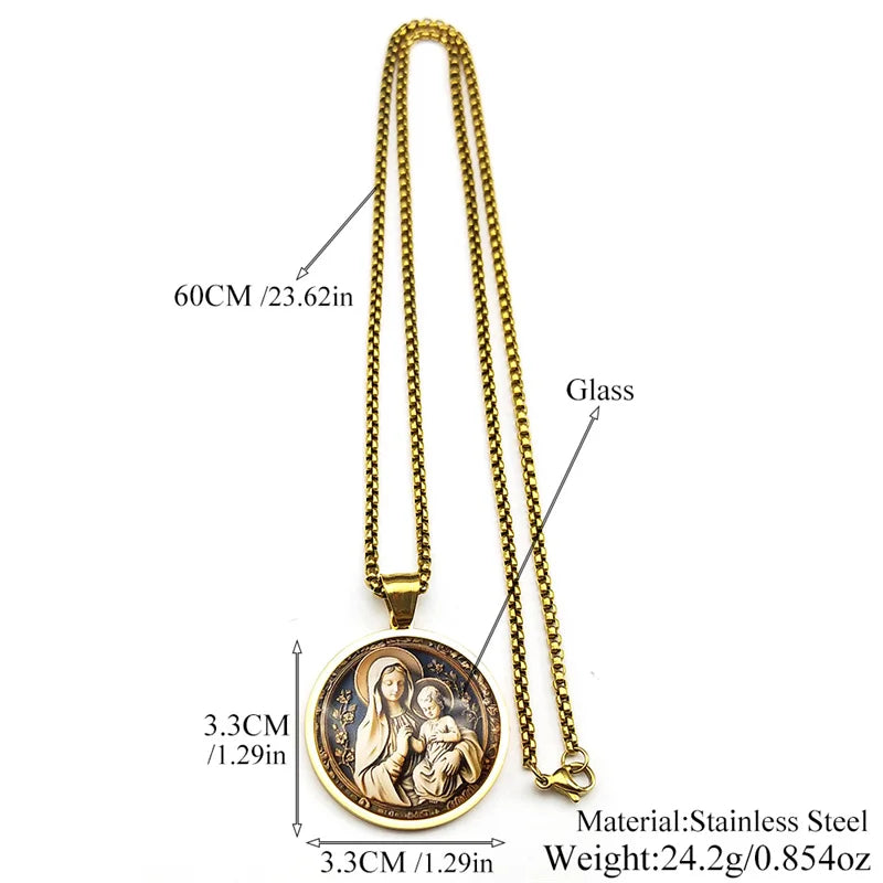 Virgin Mary Hold Baby Jesus Glass Round Medal Pendant Necklace for Women Men Stainless Steel Gold Color Catholic Amulet Jewelry