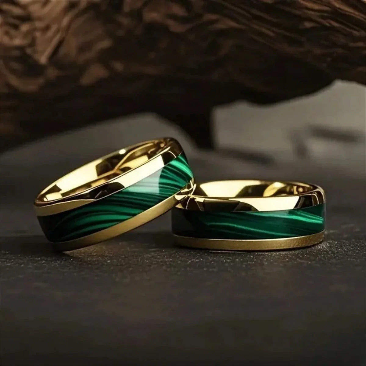 Fashion 8MM Gold Color Stainless Steel Rings For Men Domed Green Abalone Shell Inlay Rings Wedding Engagement Jewelry Gift