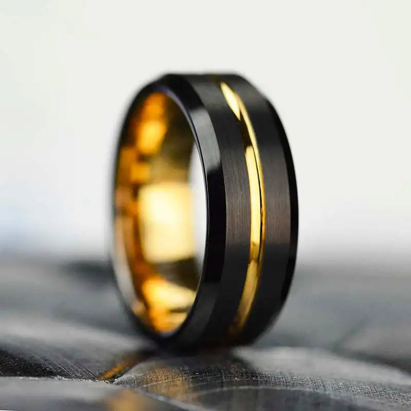 Trendy 8mm Rose Gold Color Groove Beveled Edge Titanium Men Wedding Rings Black Brushed Stainless steel Ring Men's Wedding Band