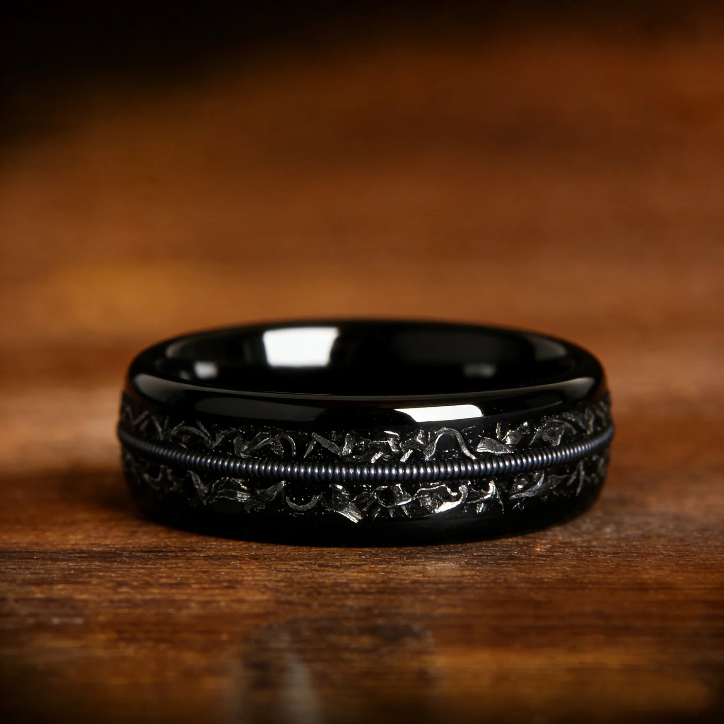 Fashion 8mm Black Stainless Steel Guitar String Rings for Men With Meteorite Inlay Guitarist Ring Men Wedding Band Jewelry