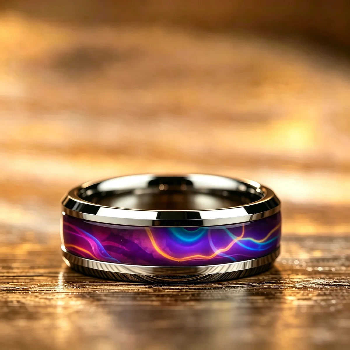 Fashion Men Stainless Steel Rings, With Purple-Blue Gradient Flame Pattern Inlay Rings for Men Wedding Bands Jewelry Drop Ship