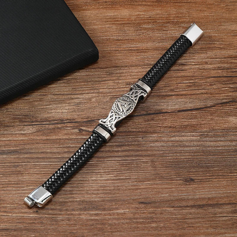 Vintage Viking Woven Leather Bracelet Nordic Celtic Knot Valknut Symbol Magnetic Bangle For Men Jewelry