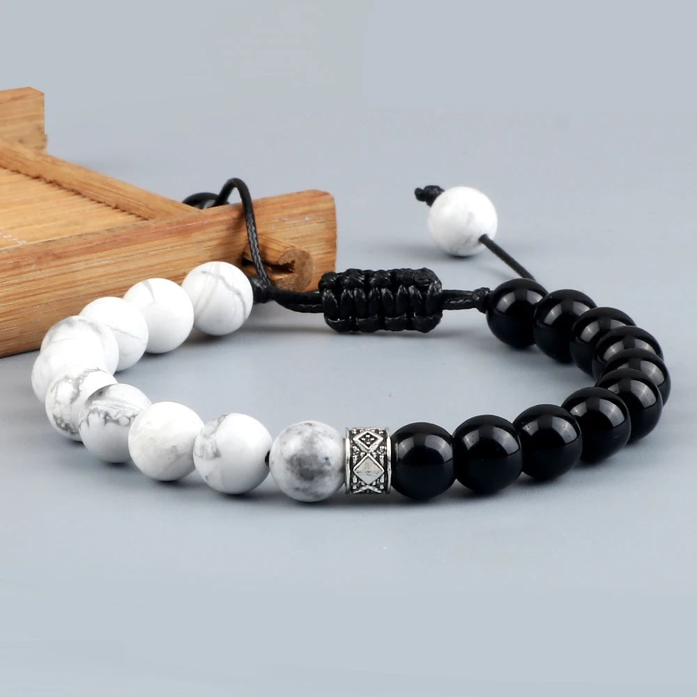 Fashion Black White Beaded Bracelets For Men 8mm Natural White Howlite Stone Beads Bracelet Women Meditation Prayer Jewelry Gift