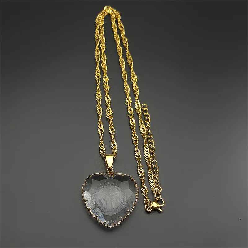Catholic Saint Benedict Blue Heart Glass Pendant Necklace for Women Men Stainless Steel Chain Necklaces Jewelry San Benito