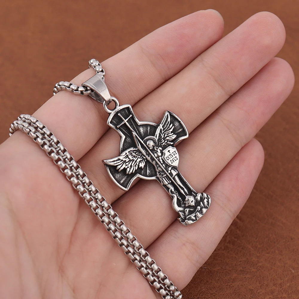 Retro Stainless Steel Saint Michael Pendant Chain Popular Charm Lucky Cross Necklace Amulet Jewelry Wholesale Man or Women Gift