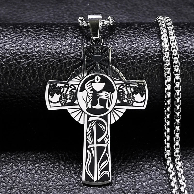 Christian Christ Eucharist Halo Grape Juice Cross Necklace Stainless Steel Men Women Catholic Holy Spirit Church Chain Jewelry