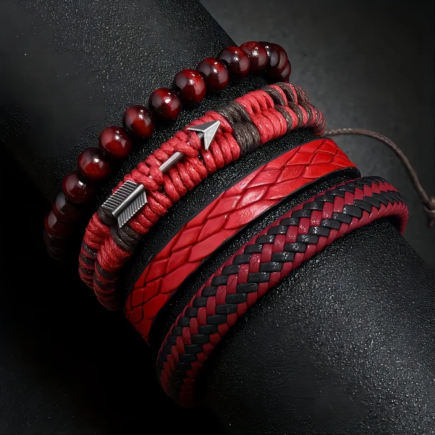 Red Beads Vintage Feather Casual 4 Pc/set Handmade Men Bracelets Male Women Leather Bracelets Men Bangle Wholesale Jewelry Gift