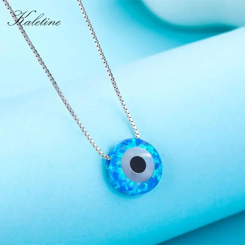 KALETINE 925 Sterling Silver Necklace Opal Lucky Hamsa Evil Eye Charm Pendant Necklaces Woman Jewelry KLTN017