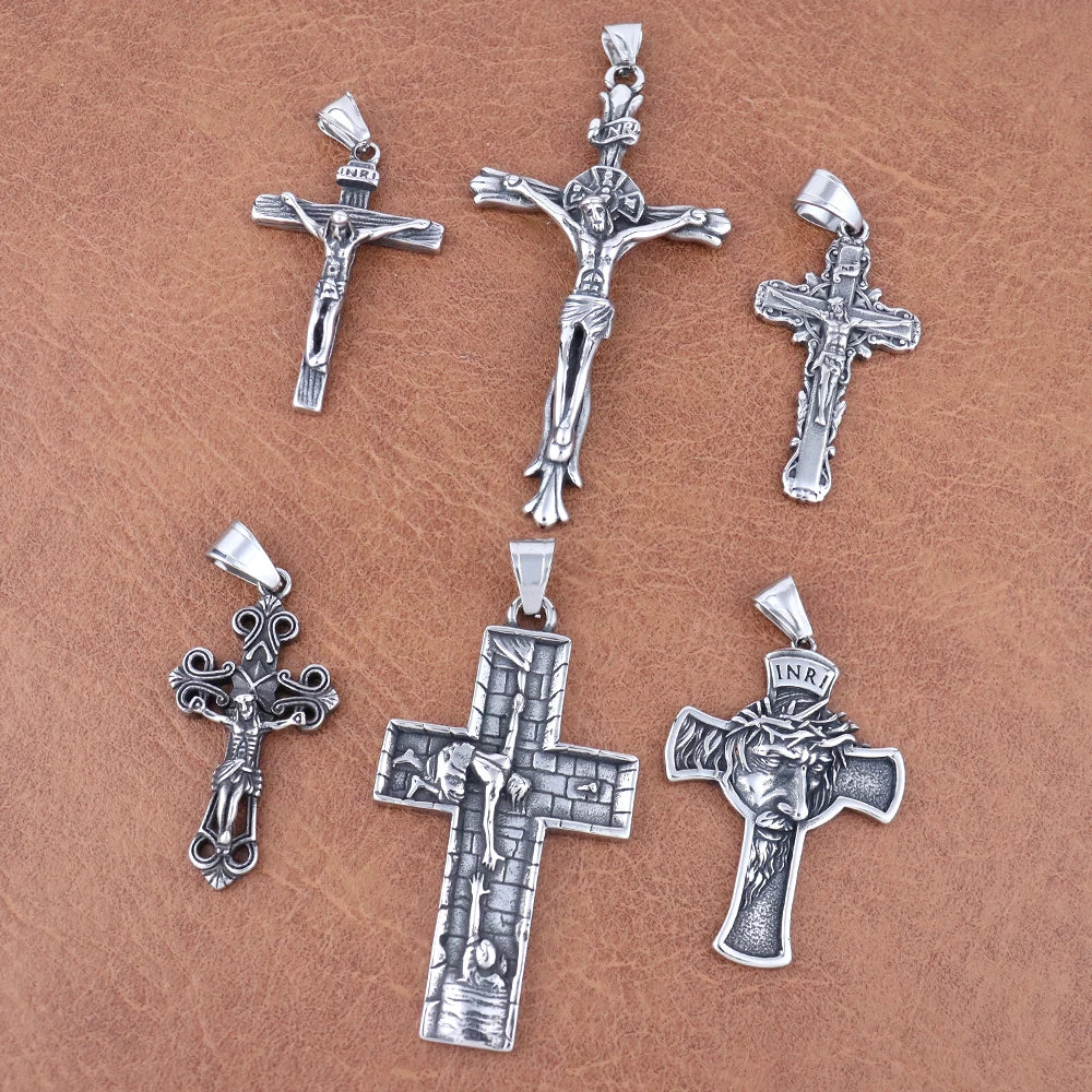 Vintage Stainless Steel Jesus Cross Necklace Men's Classic Religious Believer INRI Cross Pendant Jewelry Creative Gift