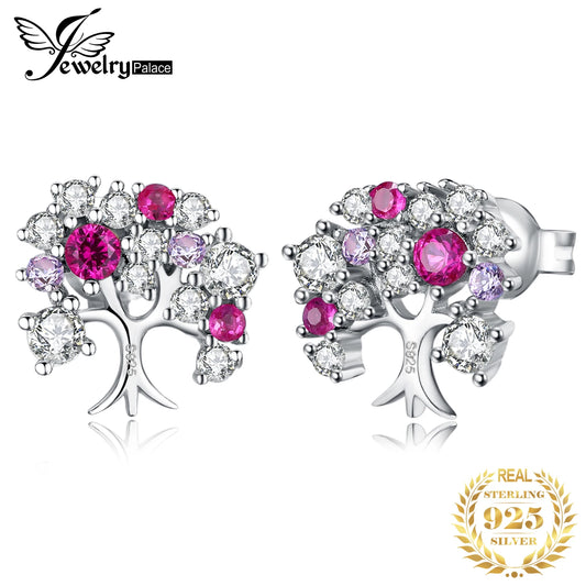 JewelryPalace Life Tree Created Ruby 925 Sterling Silver Stud Earrings for Women Statement Gemstone Jewelry Anniversary Gift Default Title