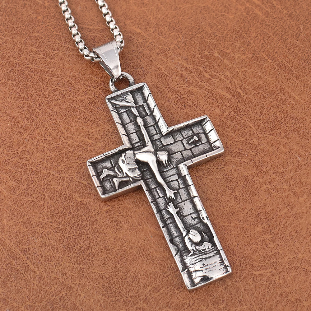Vintage Design Jesus Savior Cross Pendant Chain High Quality Stainless Steel Lucky Prayer Necklaces Men Women Christian Jewelry