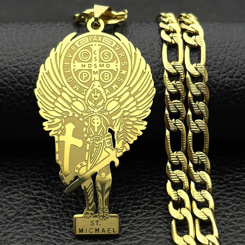 Archangel Saint Michael Stainless Steel Cross Necklace for Women Men Gold Color Benedict Pendant Necklaces Amulet Jewelry