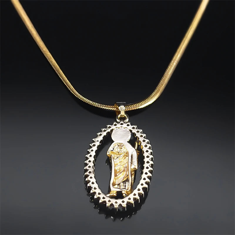 Saint St. Jude Thaddeus Zircon Shiny Necklace for Women Men Stainless Steel Gold Color San Judas Tadeo Necklaces Jewelry NGG43-4