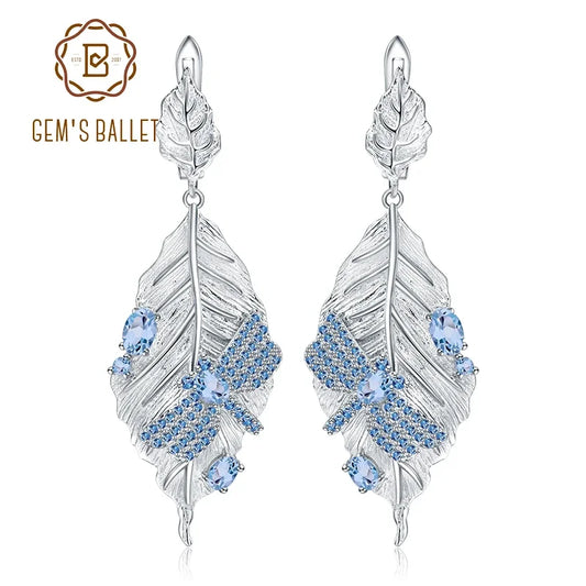 GEM'S BALLET 1.57Ct Natural Swiss Blue Topaz Earrings 925 Sterling Silver Handmade Long Leaves Drop Earrings for Women Bijoux