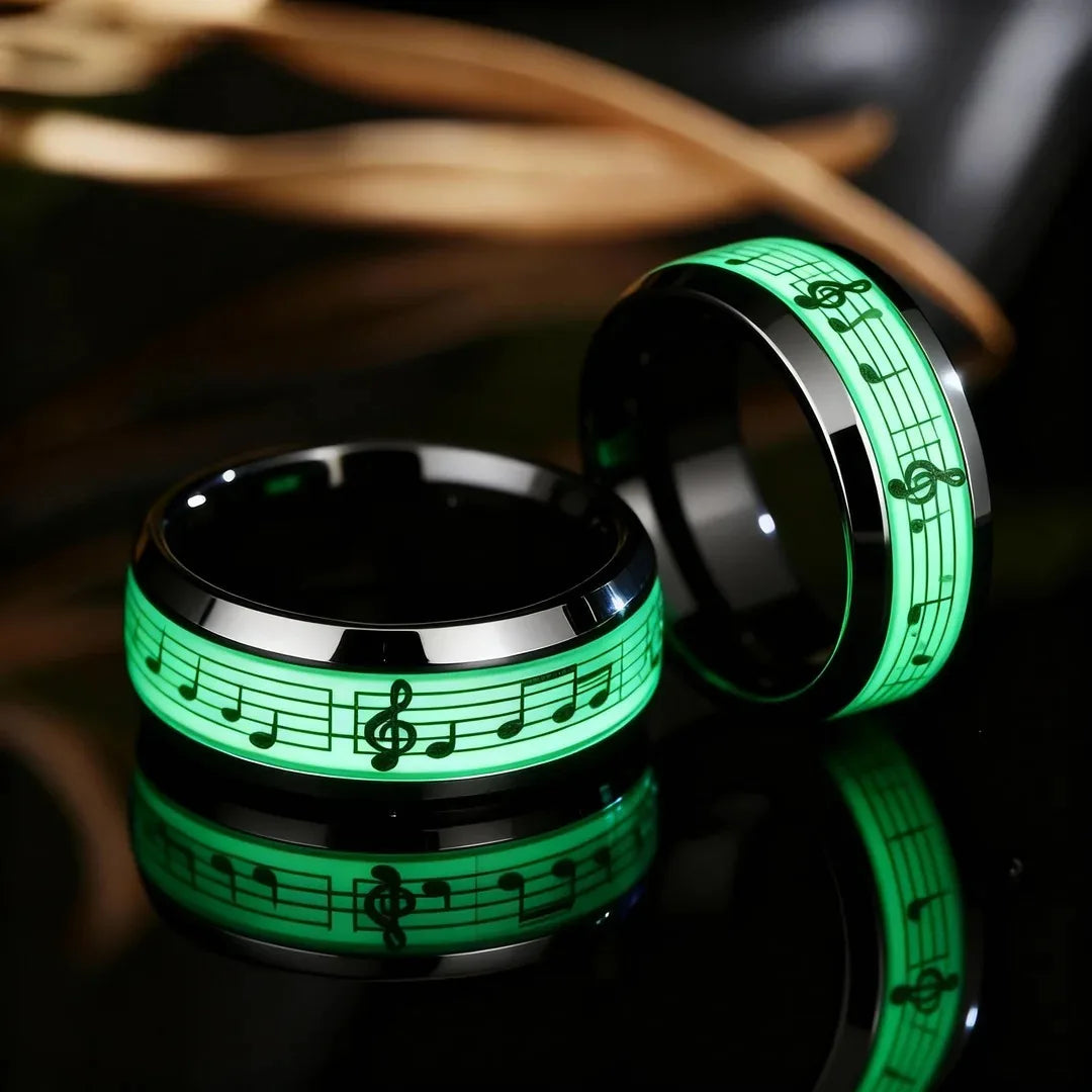 Stainless Steel Ring, Glowing In Dark Luminous Rings, Music Stave Pattern Rings for Men Women, Fashion Wedding Bands Jewelry