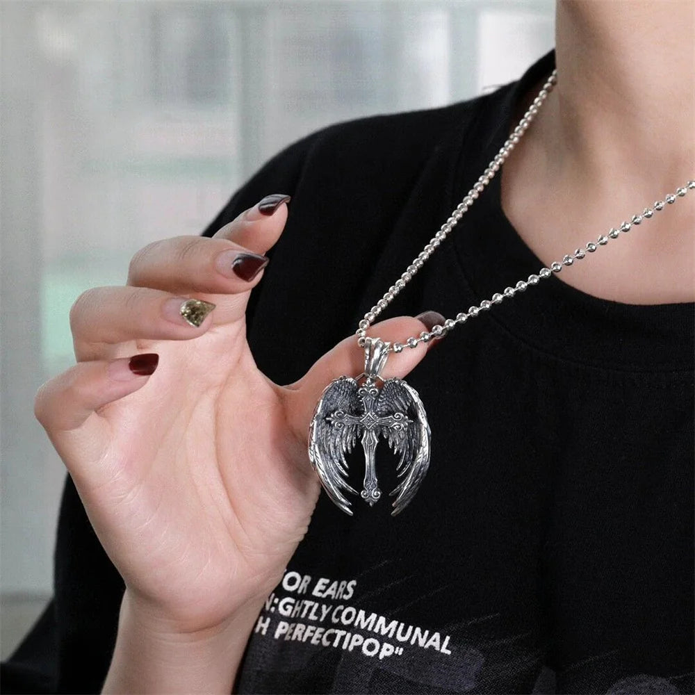 Vintage Angel Wings Cross Necklace For Women Men Trend Punk Feather Guard Pendant Sweater Chain 2024 New Jewelry Wholesale
