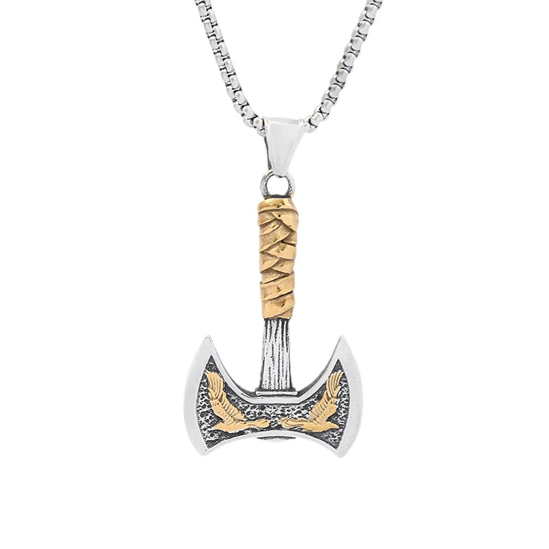 Stainless Steel Men's Viking Axe Pendant Chain Never Fading Nordic Double Eagle Necklace Amulet Jewelry Accessories