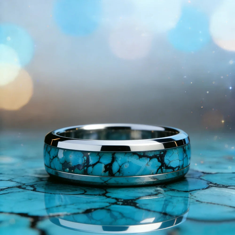 8mm Blue Turquoise Inlay Stainless Steel Ring for Men Vintage Wedding Band Engagement Jewelry Wedding Jewelry Drop Shipping