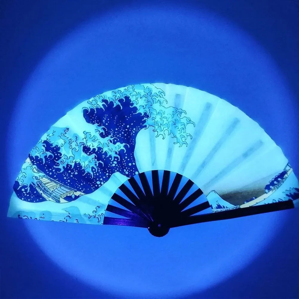 Carnival Festival Hand Stain Fan Large Bamboo Silk Folding FanCool Reflective Fan Printing Fan Satin Bamboo Bone UV fluorescence 4