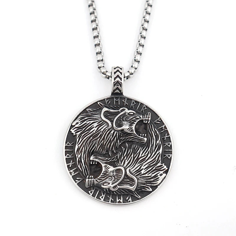 Wolf & Lion Pendant Necklace with Norse Runes Vintage Style Viking Tribal Chain for Men, Punk Biker Stainless Steel Jewelry Gift